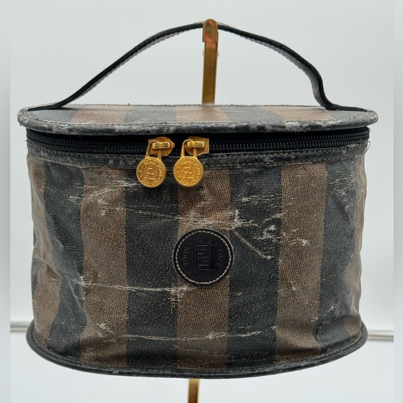 Fendi-Authentic-Pequin Vanity Case PVC leather Brown Black - Picture 1 of 9